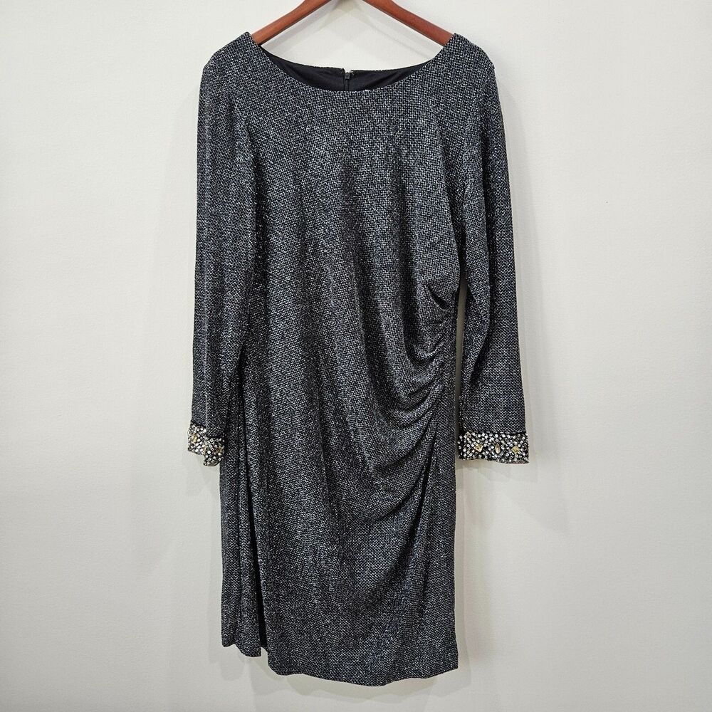 Patra Womens Sparkle Sequin Dress Plus Size 18W Gray Black Ruched Wedding Guest
